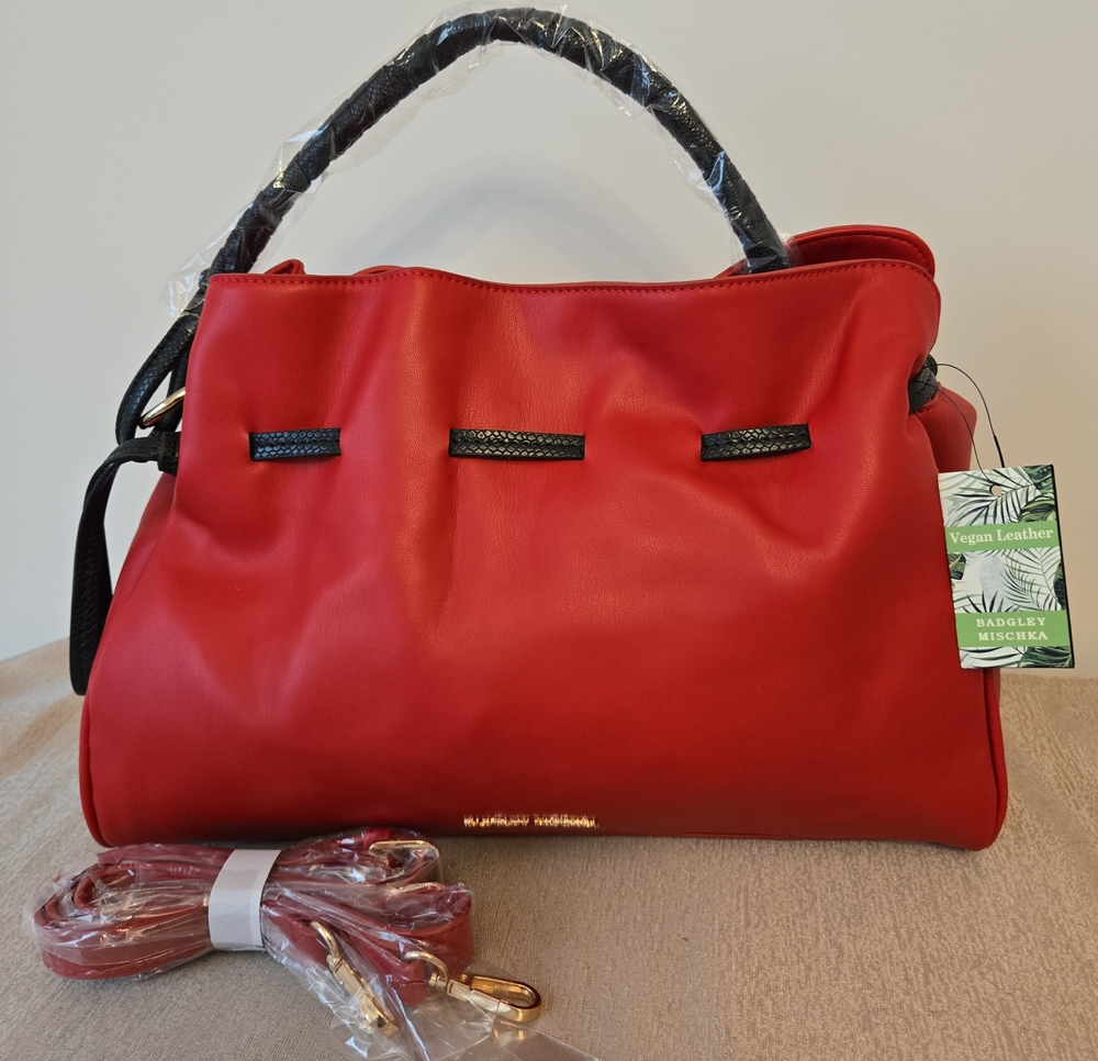 NWT Badgley Mischka Red Vegan Leather Satchel Crossbody Shoulder Bag